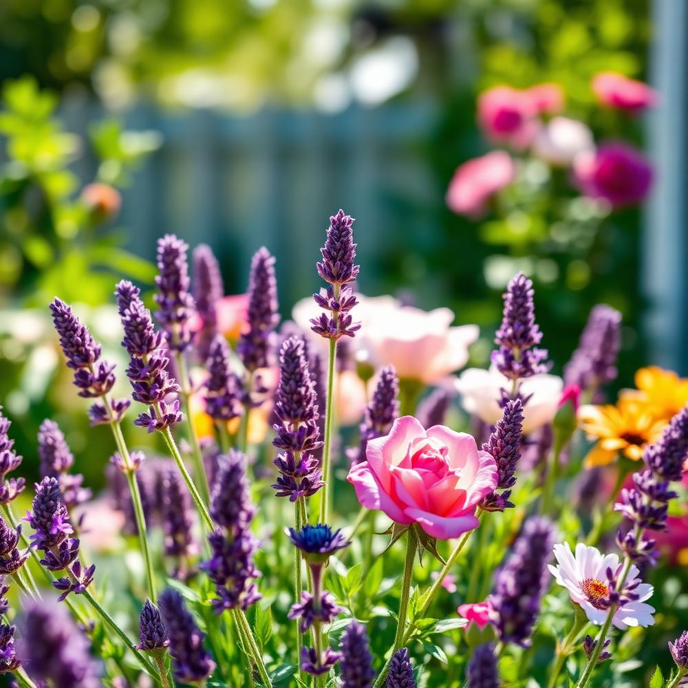Blühender Garten am Ferienhaus mit Lavendel und Rosen
